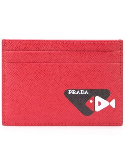 Prada Credit Card Holder With Fish Print In Fuoco Nero (red)