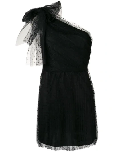 Red Valentino One-shoulder Pleated Point D'esprit Tulle Mini Dress In Black