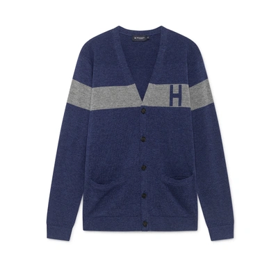 Hackett Mono Stripe Wool And Cashmere Cardigan In Blue/grey