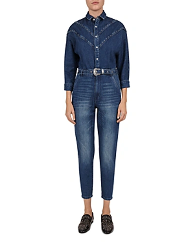 The Kooples Studded Denim Belted Jumpsuit In Blue Denim