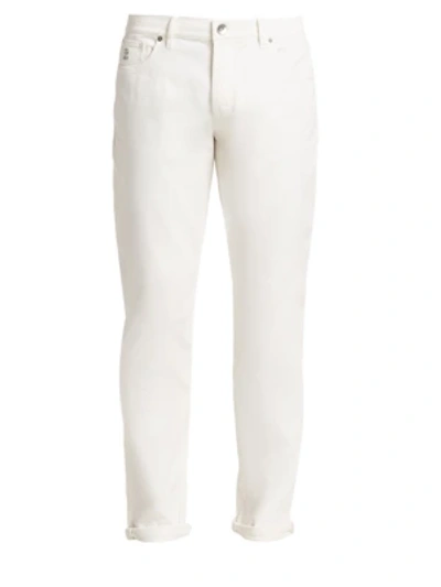Brunello Cucinelli Rolled-cuff Embroidered Logo Five-pocket Jeans In White