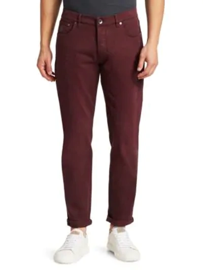 Brunello Cucinelli Rolled-cuff Embroidered Logo Five-pocket Jeans In Wine