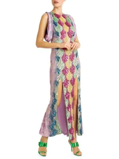 Attico Deco Degrade Embroidered Gathered-sleeve Gown In Embroidery