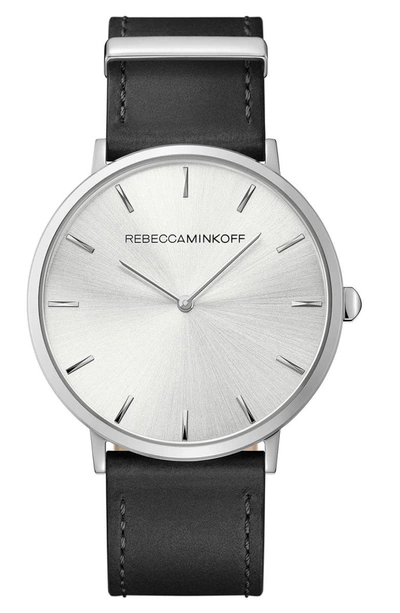 Rebecca Minkoff Major Silver Tone Leather Watch, 40mm In Black/ Silver
