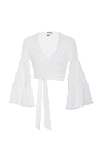 Alexis Godiva Fringed Flared-sleeve Stretch-cotton Wrap Top In White