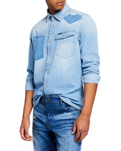 G-star Men's 3301 Light Vintage Aged Denim Shirt In Blue