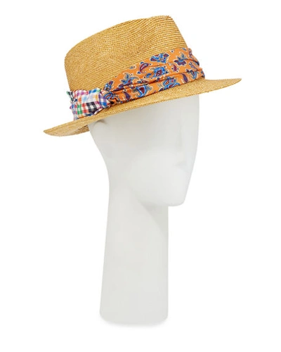 Etro Men's Straw Fedora Hat With Silk Band In Orange