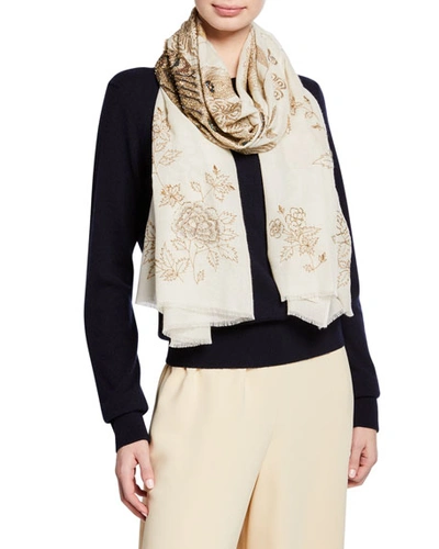 K Janavi Peacock Embroidered Cashmere Scarf In Ivory