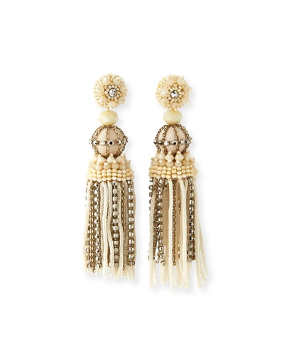 Oscar De La Renta Silk & Chain Tassel Earrings In Ivory
