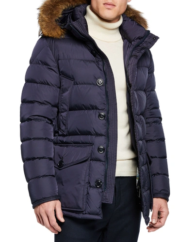 Moncler Men's Cluny Fur-trim Puffer Coat In Navy