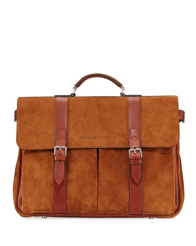 Brunello Cucinelli Men's Leather Flap-top Briefcase In Camel