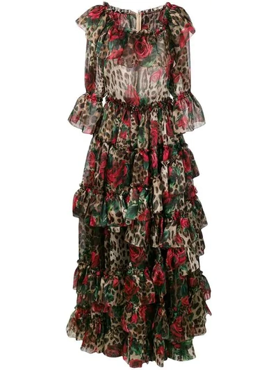 Dolce & Gabbana Long Dress In Silk Organza In Hkirs Rose Rosse Fdo Leo