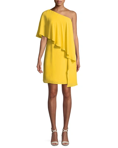 Halston Heritage Flowy Draped One-shoulder Cocktail Dress In Yellow