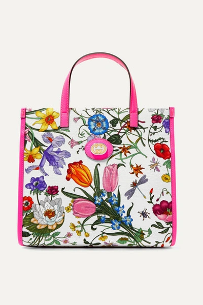 Gucci Flora Medium Leather-trimmed Printed Canvas Tote In Pink