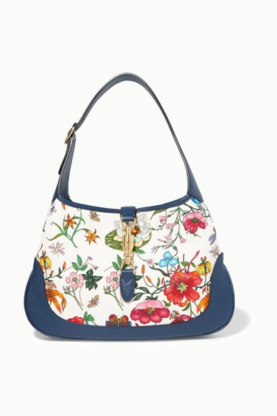Gucci Jackie Hobo Medium Floral-print Canvas And Textured-leather Shoulder Bag In White