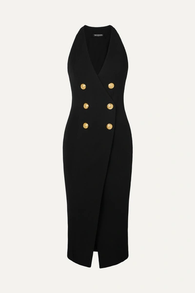 Balmain Button-embellished Stretch-knit Midi Dress In Black