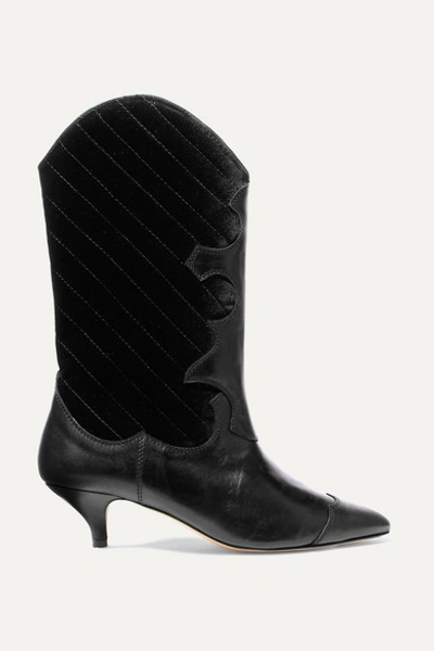 Ganni Leather And Quilted Velvet Knee Boots In Black