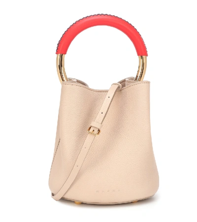 Marni Pannier Small Leather Tote In Beige