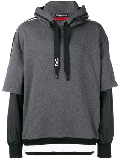 Dolce & Gabbana Cotton Hoodie With Branded Bands In Grey