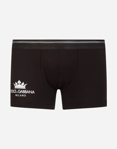 Dolce & Gabbana Boxers In Stretch Cotton Pima With Crown Print In Black