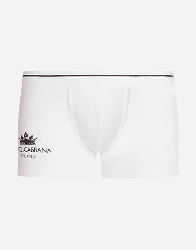 Dolce & Gabbana Boxers In Stretch Cotton Pima With Crown Print In White