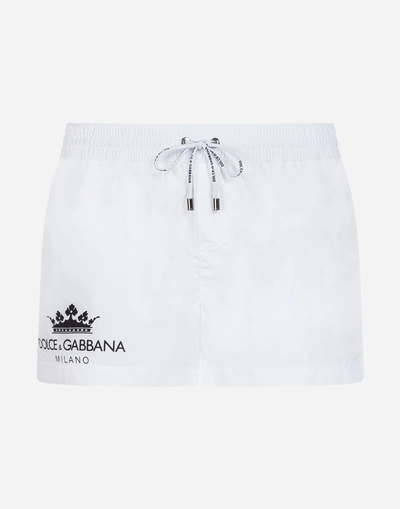 Dolce & Gabbana Short Swimming Trunks With Crown Print With Pouch Bag In White