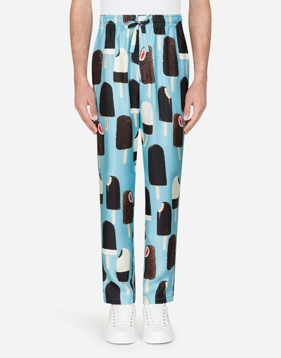 Dolce & Gabbana Printed Silk Pajama Pants In Light Blue