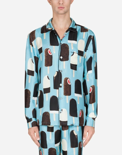 Dolce & Gabbana Printed Silk Pajama Shirt In Light Blue