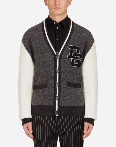 Dolce & Gabbana Wool Blend Cardigan With Patch In Gray