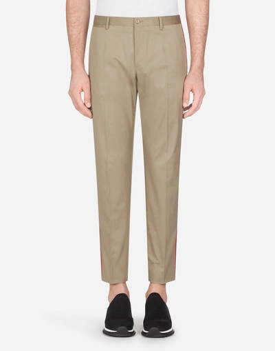 Dolce & Gabbana Trousers In Stretch Cotton With Side Stripes In Beige