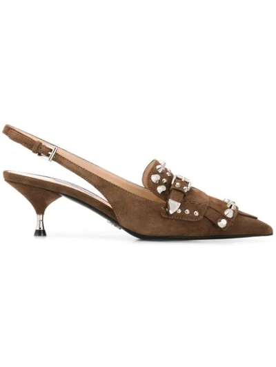 Prada Studded Fringe Suede Slingback Pumps In Brown