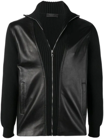 Prada Leather-panelled Wool Zip-through Sweater In Black