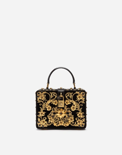 Dolce & Gabbana Velvet Dolce Box Bag With Embroidery And Appliqués In Black