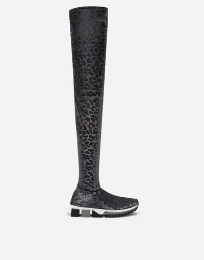 Dolce & Gabbana Sorrento High-top Sneakers In Leopard Print Stretch Glitter In Silver