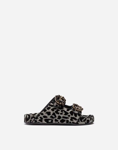 Dolce & Gabbana Slides In Color-changing Leopard Fabric In Silver