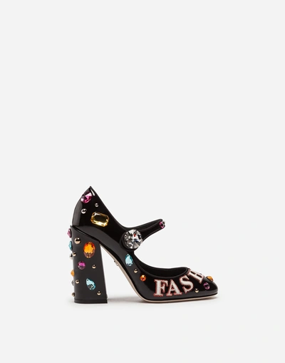 Dolce & Gabbana Mary Jane In Shiny Calfskin With Patchwork And Embroideries In Black