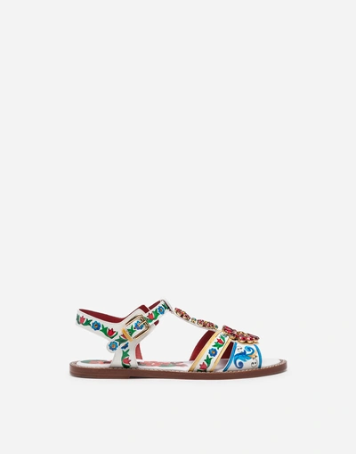 Dolce & Gabbana Sandals In Printed Patent Leather With Jewel Applications In Flowers Print