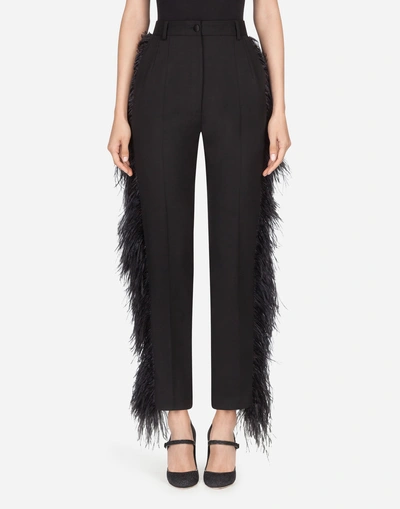 Dolce & Gabbana Wool Pants With Feathers In Black
