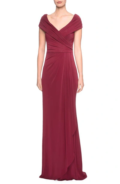 La Femme Off-the-shoulder Ruched Jersey Column Gown In Burgundy