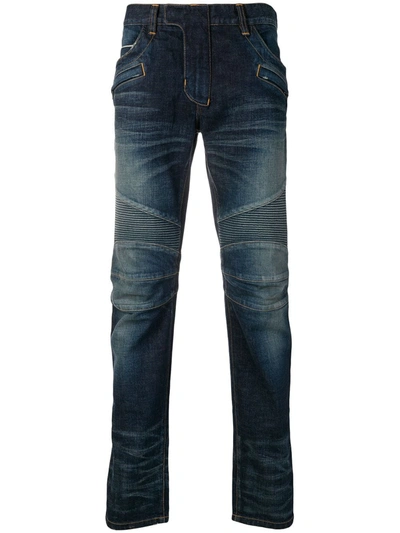 Balmain Studded Moto Skinny Jeans In Blue