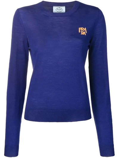 Prada Logo Knit Sweater In Blue