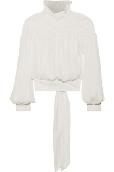 Frame Woman Tie-back Shirred Chiffon Blouse Off-white