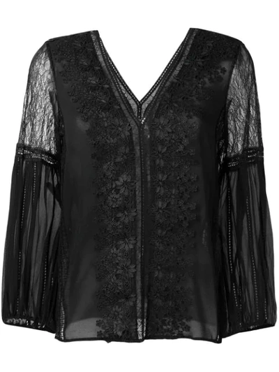 Alice And Olivia Embroidered Floral Lace Blouse In Black