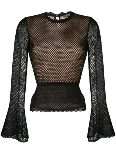 Alexander Mcqueen Sheer-mesh Engineered-patchwork Fluted-sleeve Blouse In Black