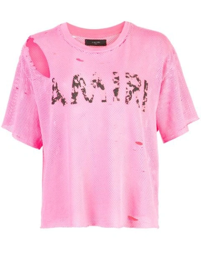 Amiri Logo Distressed Mesh T-shirt In Neon Pink