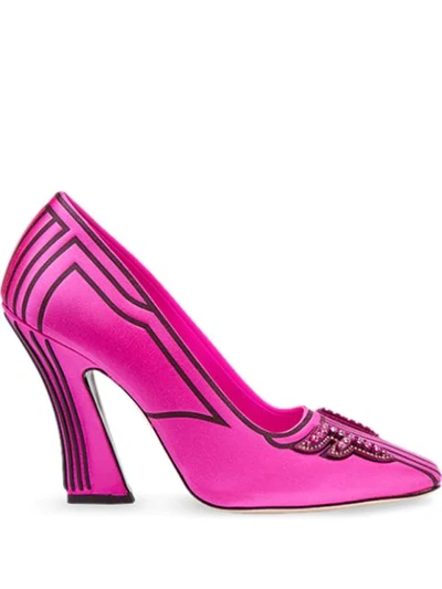 Fendi Freedom Embellished Satin Logo Pumps, Pink In Fuchsia