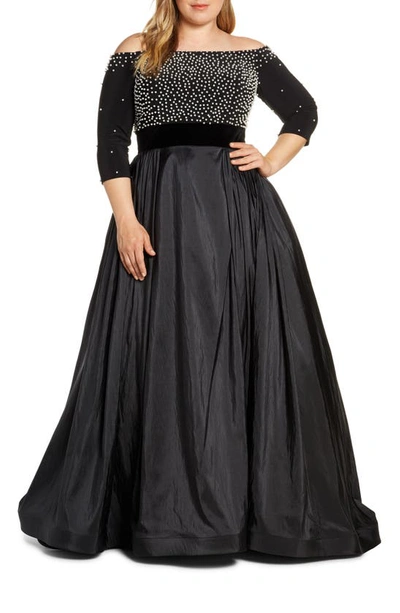 Mac Duggal Plus Size Off-the-shoulder 3/4-sleeve Gown W/ Jersey Bodice In Black