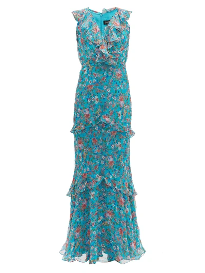 Saloni Rita Tiered Floral-print Crinkle Georgette Maxi Dress In Blue