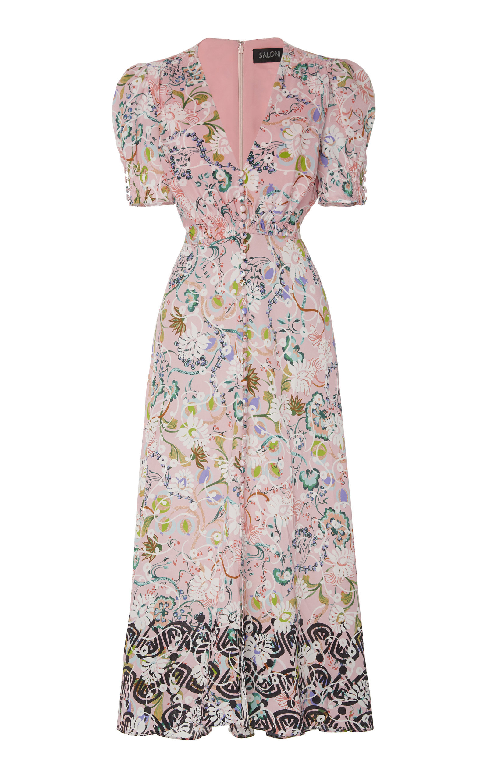 Saloni Lea Floral-print Silk Crepe De Chine Midi Dress In Pink | ModeSens