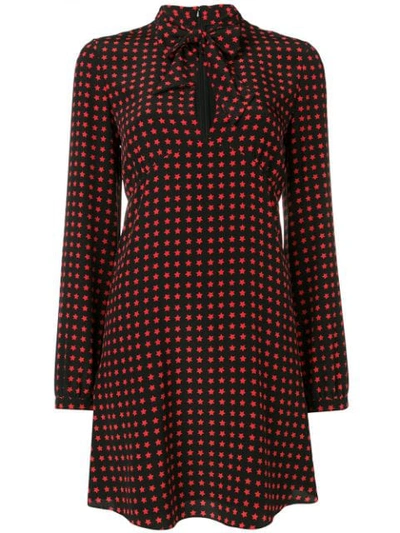 Saint Laurent Women's Long-sleeve Tie-neck Star-print A-line Shirtdress In Black